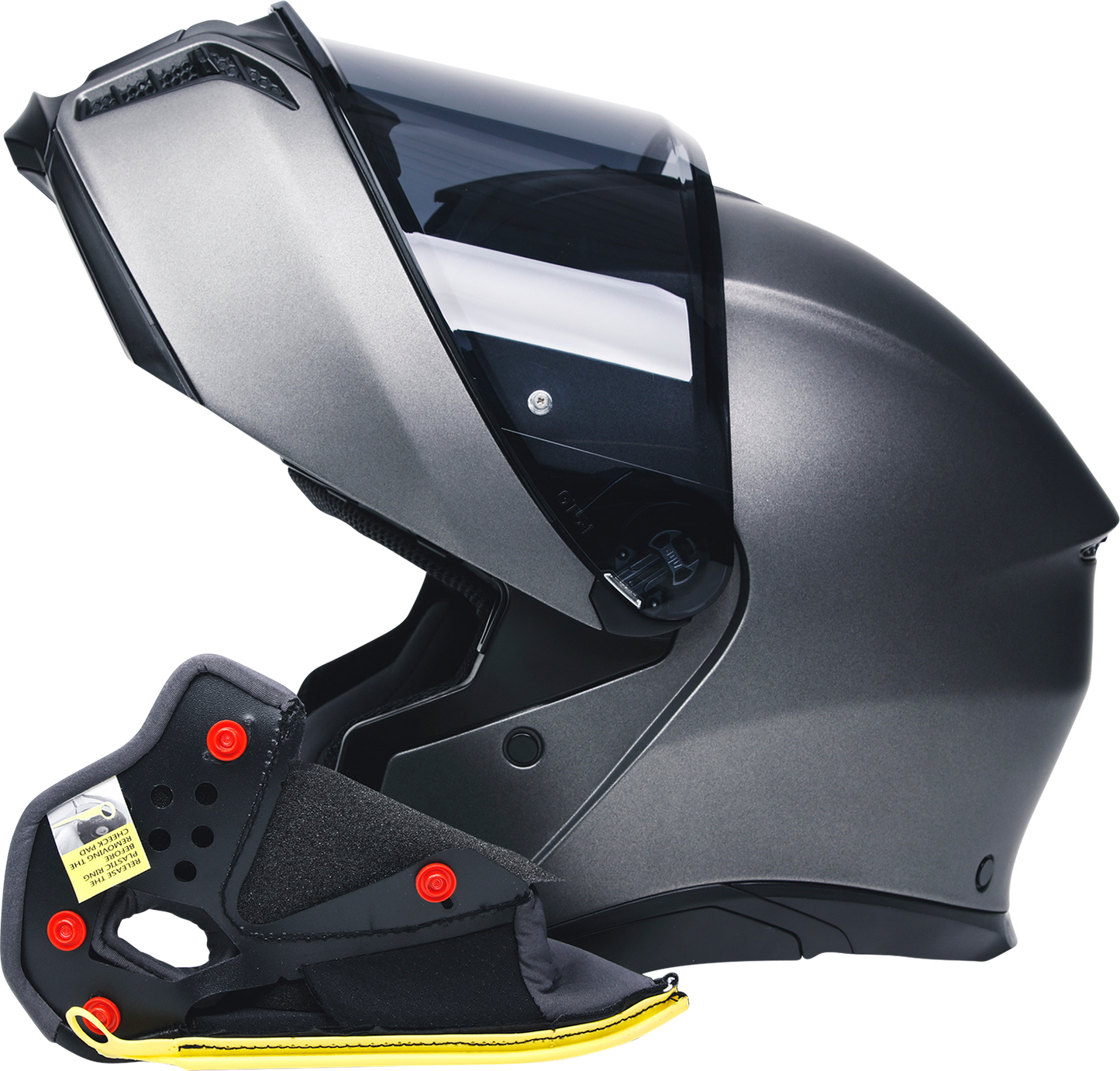 AGV Tourmodular helmet cheek pads in 2XL size, gray and black, showing close-up of the padded interior and fit.
