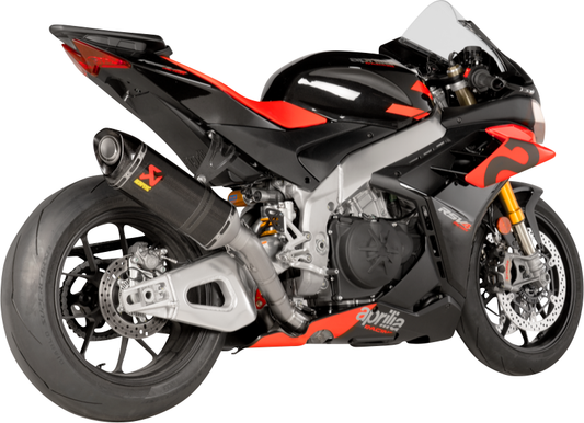 AKRAPOVIC Evolution Line exhaust system for Aprilia RSV4 with titanium and carbon fiber components, shown in the image.