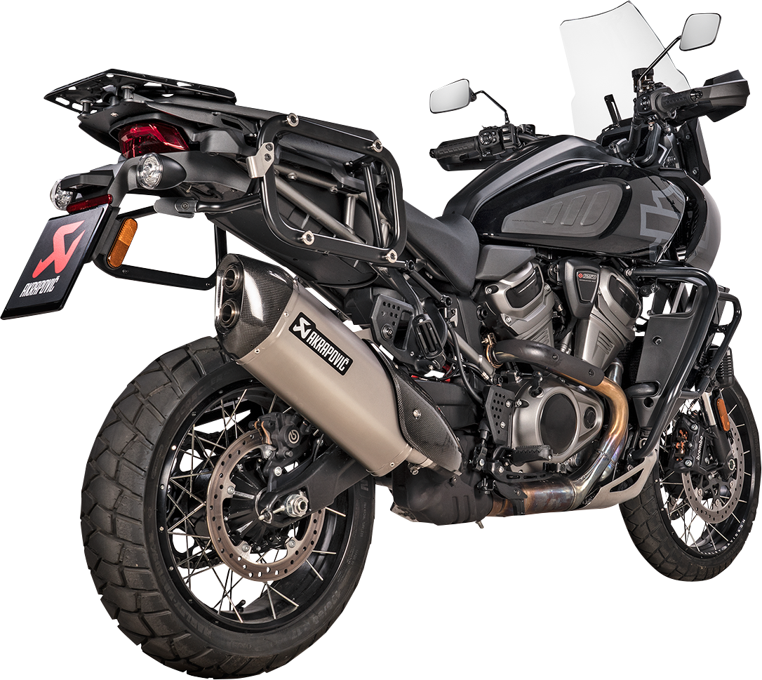 AKRAPOVIC Slip-On Line muffler in titanium for Harley-Davidson Pan America 1250 Special motorcycle, showing the sleek exhaust design.