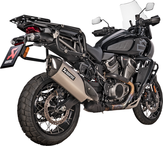 AKRAPOVIC Slip-On Line muffler in titanium for Harley-Davidson Pan America 1250 Special motorcycle, showing the sleek exhaust design.