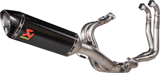 AKRAPOVIC Evolution Line exhaust system for Aprilia RSV4 with titanium and carbon fiber components, showcasing sleek motorcycle exhaust.
