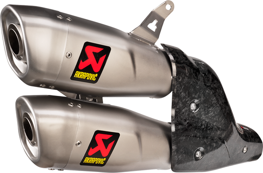 AKRAPOVIC carbon fiber heat shield with thermal protection for motorcycle exhaust system, shown in close-up view.