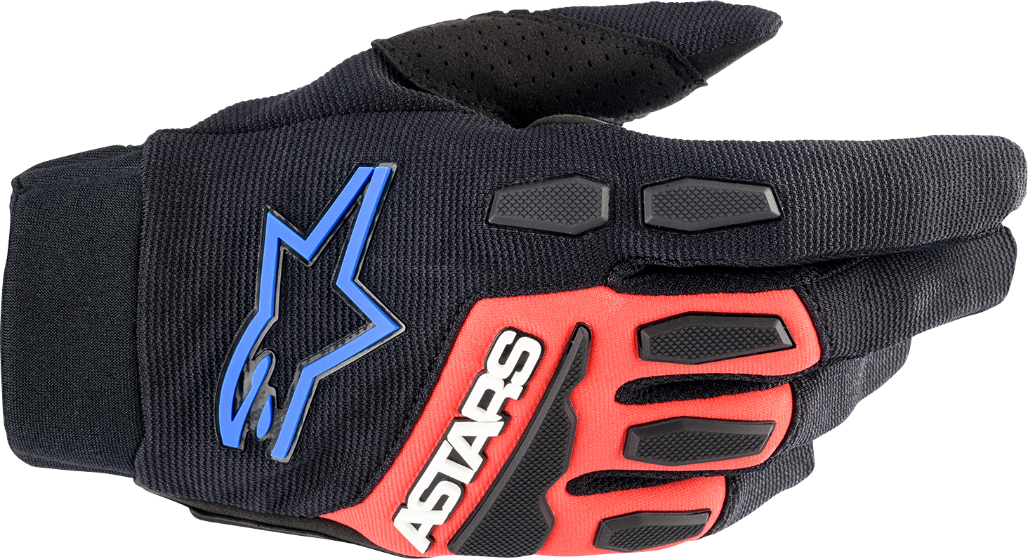 Alpinestars Full Bore XT motorcycle gloves in black, red, and blue with protective knuckles and adjustable wrist straps.