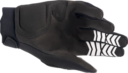Alpinestars Full Bore XT motorcycle gloves in black, red, and blue with reinforced palms and adjustable wrist straps.