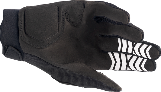 Alpinestars Full Bore XT motorcycle gloves in black, red, and blue with reinforced palms and adjustable wrist straps.