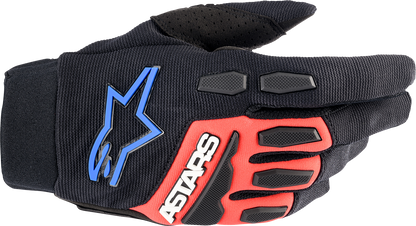 Alpinestars Full Bore XT motorcycle gloves in large size with black, red, and blue color scheme, featuring protective padding.