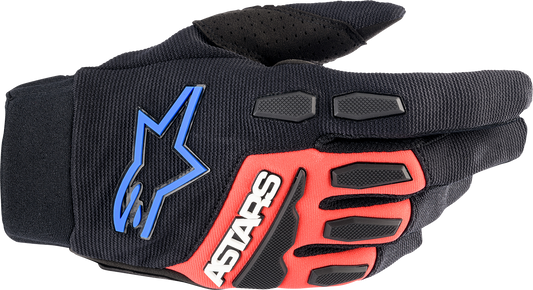 Alpinestars Full Bore XT motorcycle gloves in large size with black, red, and blue color scheme, featuring protective padding.