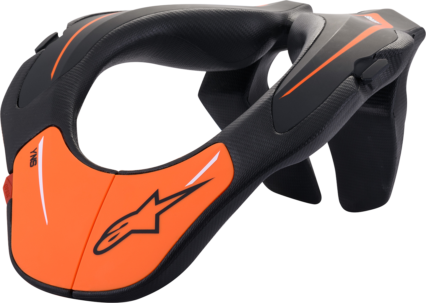 Alpinestars youth neck support for kids ages 8-14, black and orange, lightweight protective gear for motorcycling.
