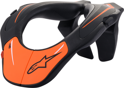 Alpinestars youth neck support for kids ages 8-14, black and orange, lightweight protective gear for motorcycling.