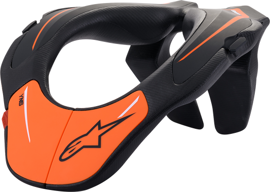 Alpinestars youth neck support for kids ages 8-14, black and orange, lightweight protective gear for motorcycling.