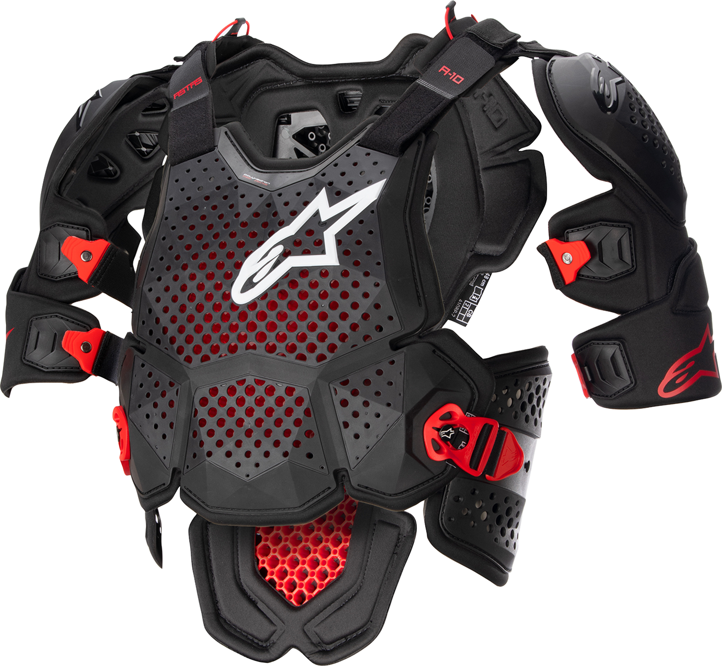 Alpinestars A-10 v2 full roost guard in black and red, XL/2XL size, designed for motocross protection with adjustable straps.