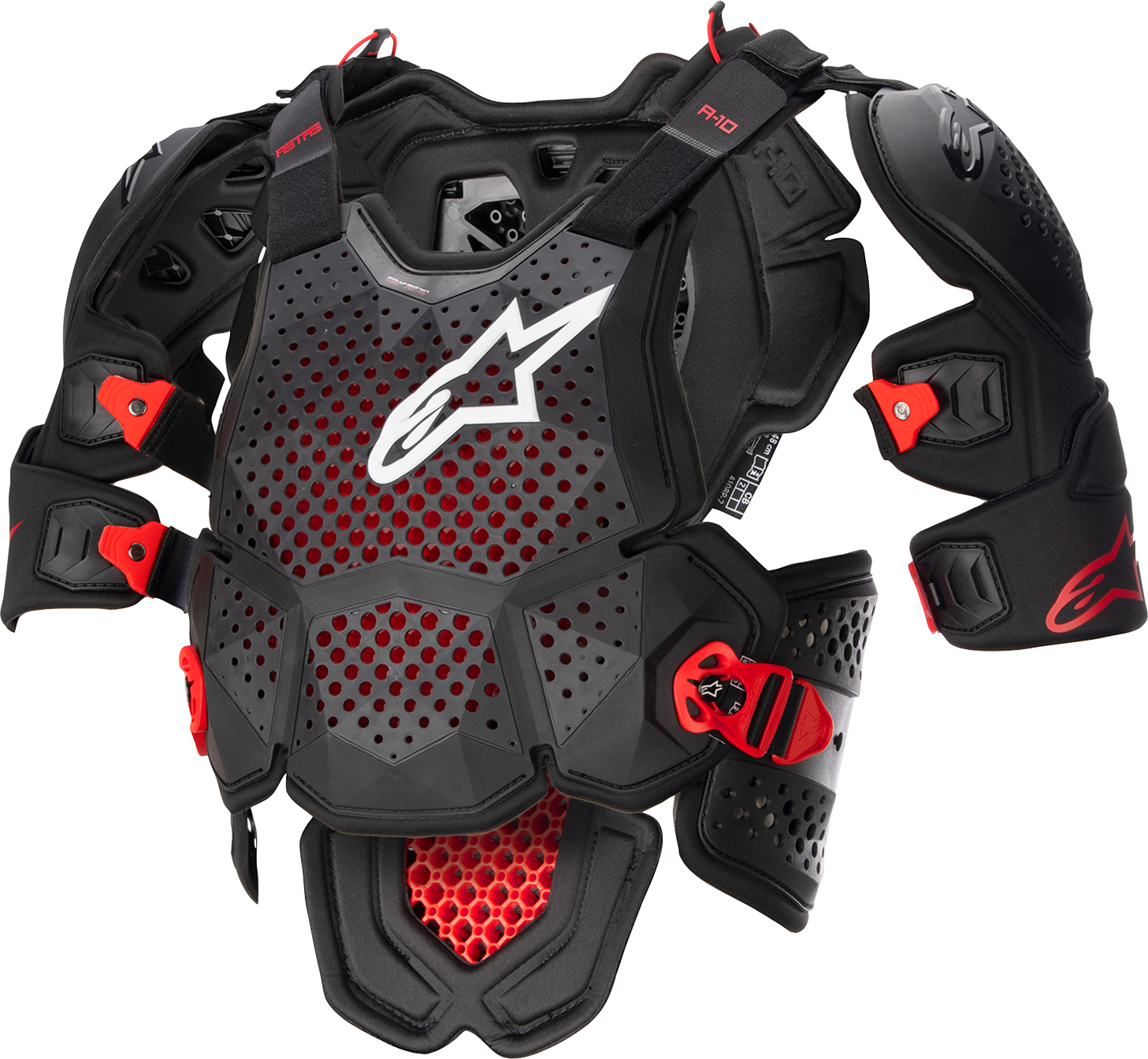 Alpinestars A-10 v2 full roost guard in black and red, XL/2XL size, designed for motocross protection with adjustable straps.