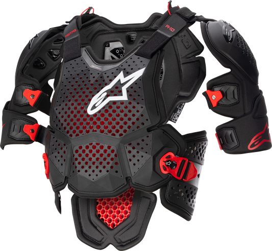 Alpinestars A-10 v2 full roost guard in black and red, XL/2XL size, designed for motocross protection with adjustable straps.