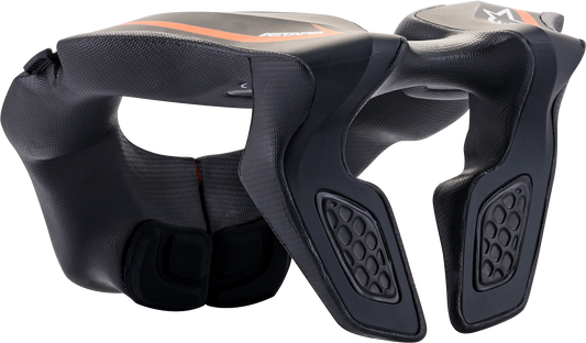 Alpinestars youth neck support for kids ages 8-14, black and orange, showing the protective padded neck brace design.