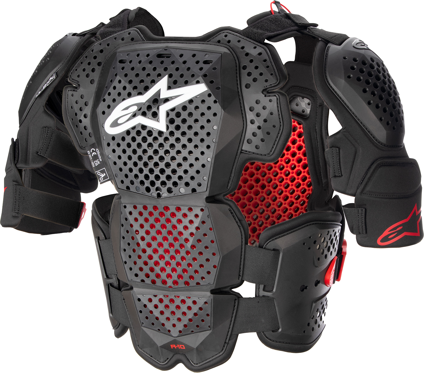 Alpinestars A-10 v2 full roost guard in black and red, size XL/2XL, showing the protective chest and shoulder padding.