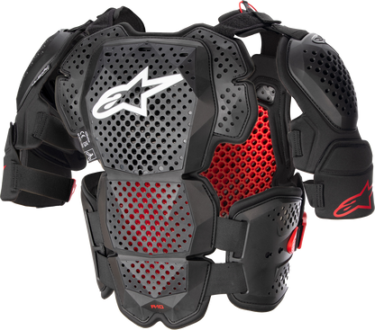 Alpinestars A-10 v2 full roost guard in black and red, size XL/2XL, showing the protective chest and shoulder padding.