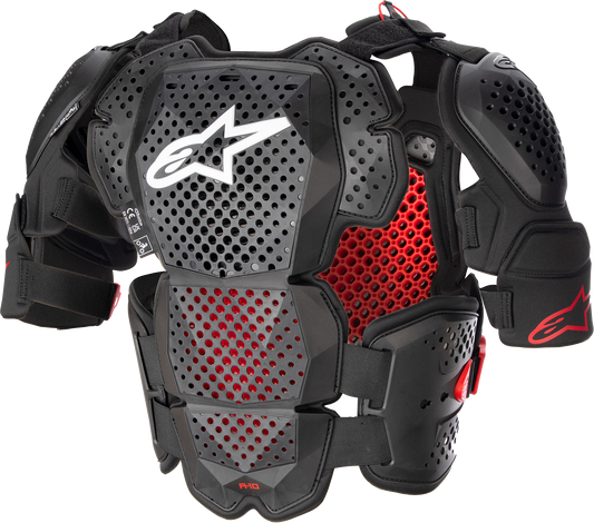 Alpinestars A-10 v2 full roost guard in black and red, size XL/2XL, showing the protective chest and shoulder padding.