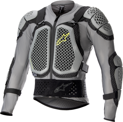 Alpinestars Bionic Action v2 protection jacket in gray, black, and yellow with armored panels and adjustable straps.