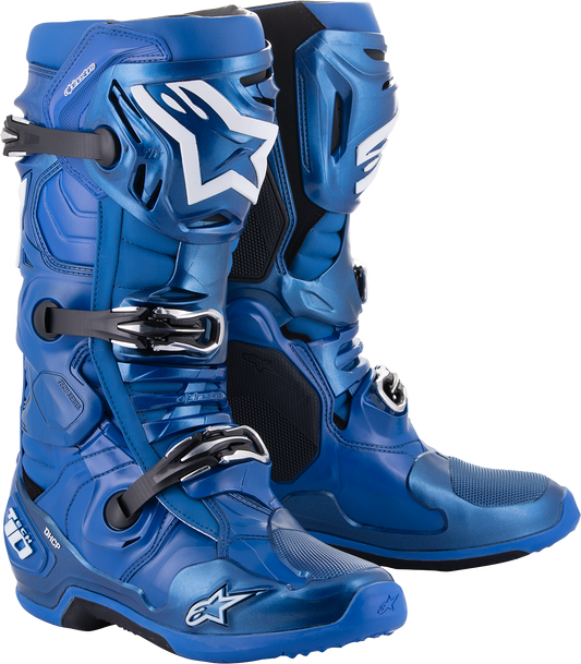 Alpinestars Tech 10 motorcycle boots in blue, US size 8, showing reinforced ankle protection and durable sole design.