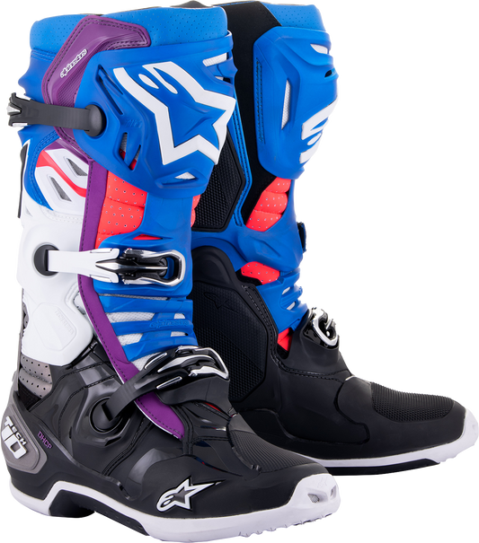 Alpinestars Tech 10 Supervented motorcycle boots in blue, black, and white with protective features and US size 7 / EU 40.5.