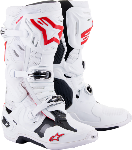 Alpinestars Tech 10 Supervented motorcycle riding boots in white and red, US 13, EU 48, with reinforced ankle protection.