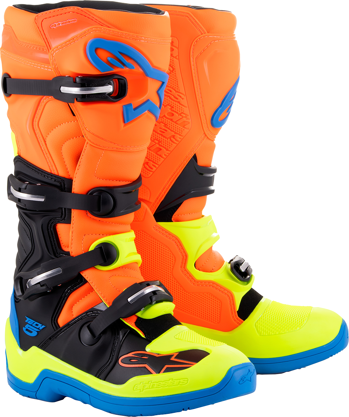 Alpinestars Tech 5 off-road motorcycle boots in orange fluorescent, blue, and yellow, US size 10, EU 44.5.