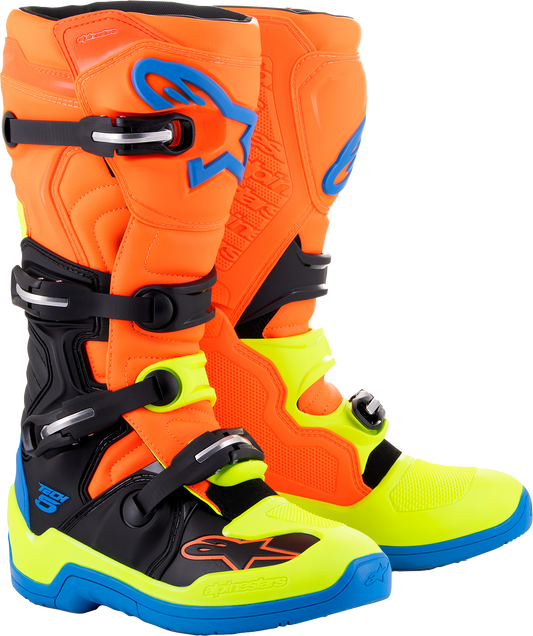 Alpinestars Tech 5 motorcycle boots in orange fluorescent, blue, and yellow, US 9, designed for riding safety and style.