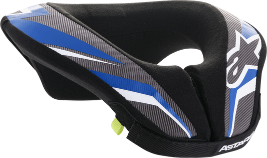 Alpinestars Youth Sequence Neck Roll in black, anthracite, and blue, size small/medium, designed for motorcycle safety and comfort.