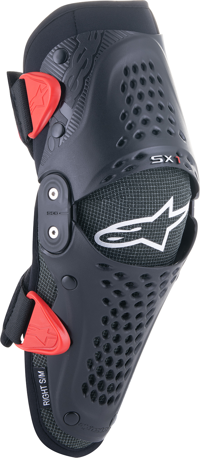 Alpinestars Youth SX-1 Knee Protectors in black and red with adjustable straps, designed for youth motocross riding.