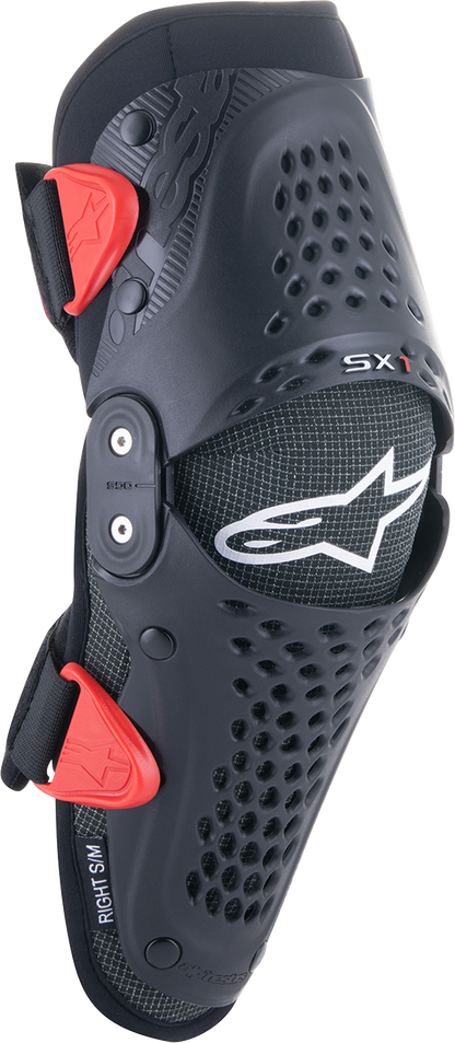 Alpinestars Youth SX-1 Knee Protectors in black and red with adjustable straps, designed for youth motocross riding.