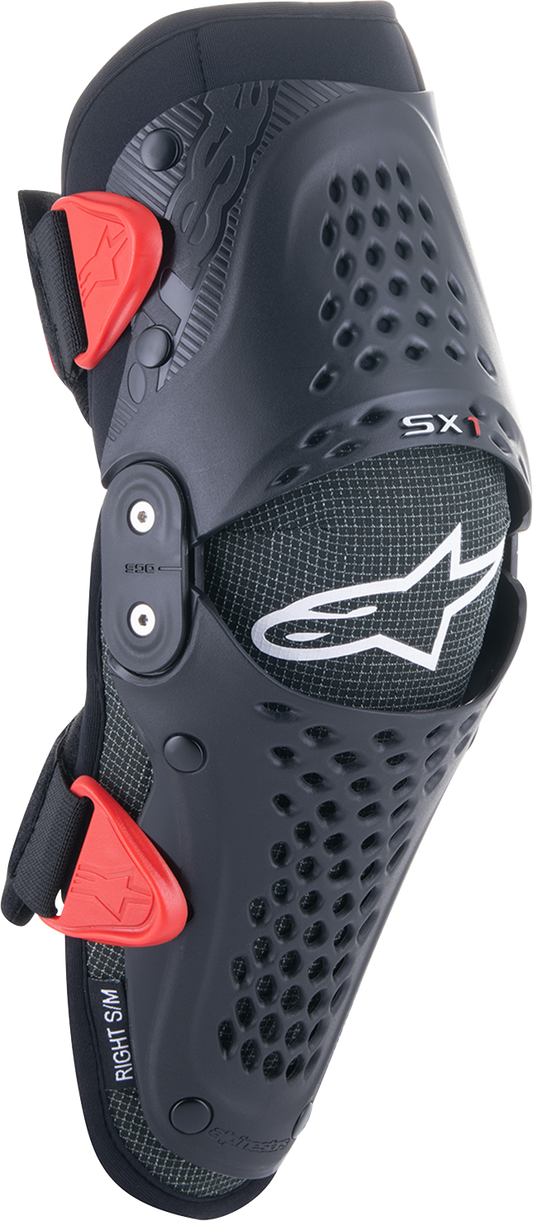 Alpinestars Youth SX-1 Knee Protectors in black and red with adjustable straps, designed for youth motocross riding.