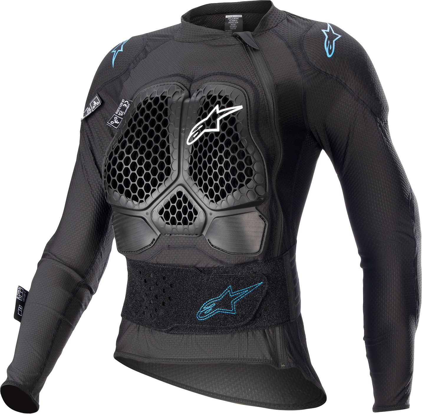 Alpinestars Stella Bionic Action v2 women's protection jacket in black and cyan, size medium, with armor panels visible.
