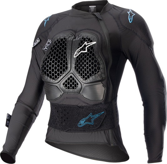 Alpinestars Stella Bionic Action v2 women's protection jacket in black and cyan, size medium, with armor panels visible.