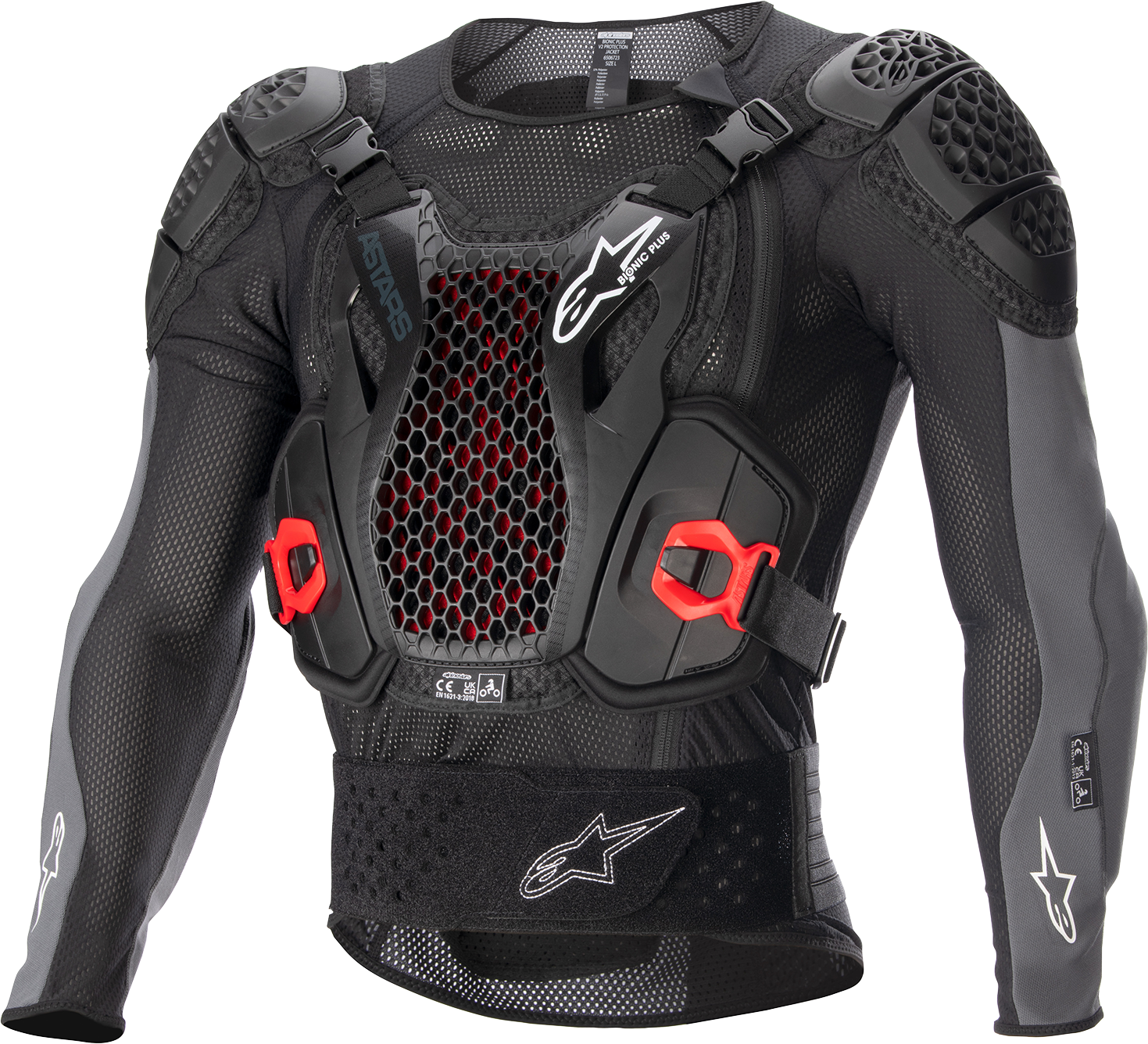 Alpinestars Bionic Plus v2 protection jacket in black, anthracite, and red, medium size, showcasing its armored design and construction.