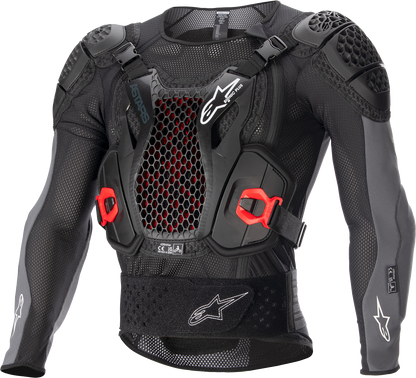 Alpinestars Bionic Plus v2 protective jacket in black, anthracite, and red, shown in a close-up image highlighting the armor design.