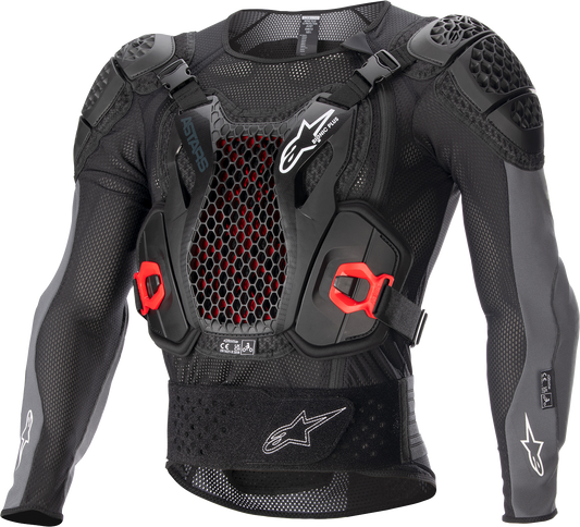 Alpinestars Bionic Plus v2 protective jacket in black, anthracite, and red, shown in a close-up image highlighting the armor design.