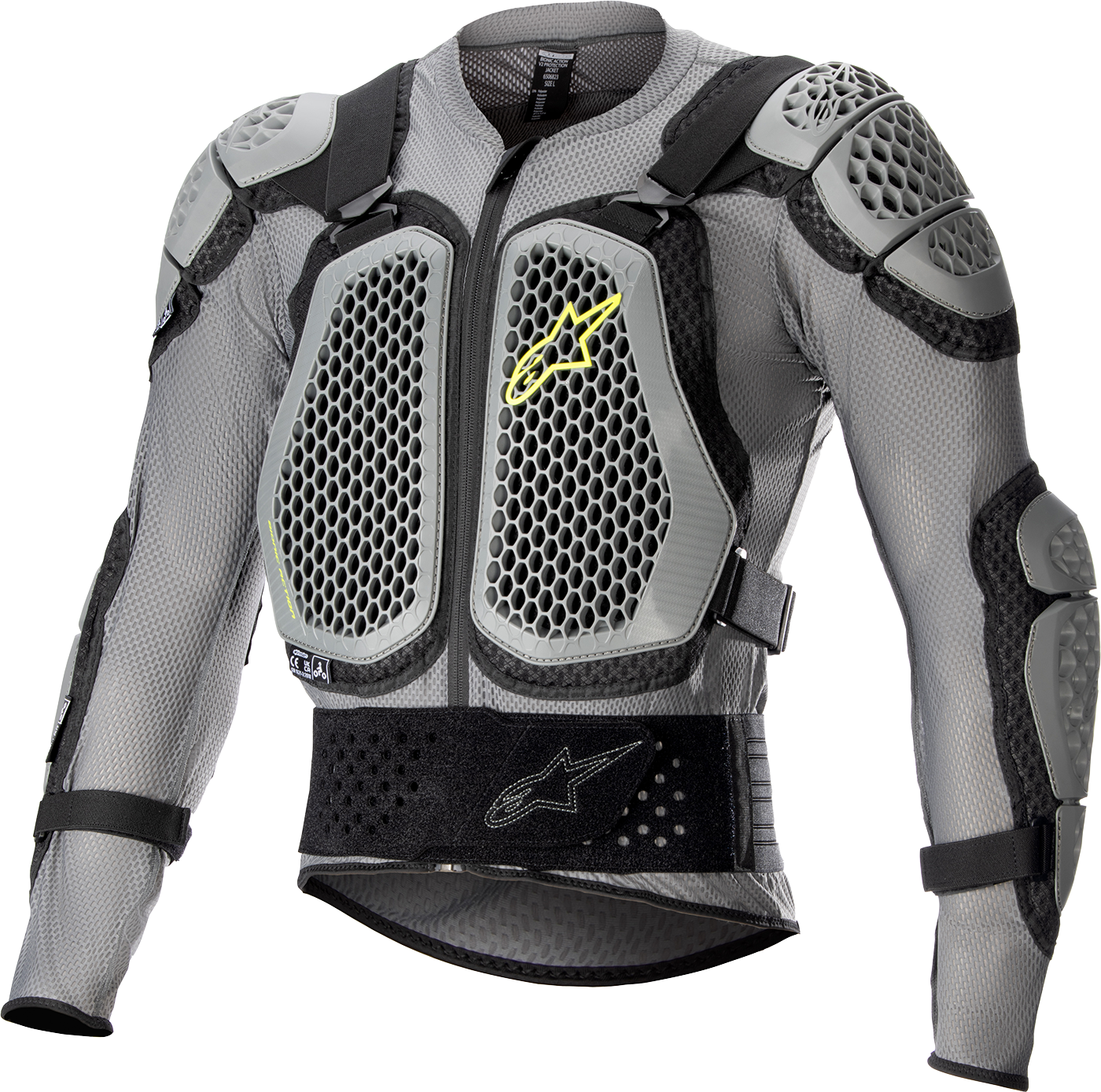Alpinestars Bionic Action v2 protection jacket in gray, black, and yellow with armor padding, small size, for motorcycle safety gear.