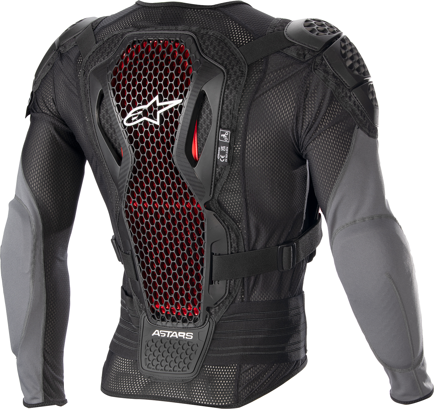 Alpinestars Bionic Plus v2 protective jacket in black, anthracite, and red, designed for motocross and motorcycle safety.