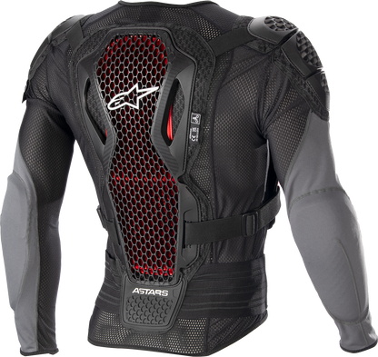 Alpinestars Bionic Plus v2 protective jacket in black, anthracite, and red, designed for motocross and motorcycle safety.