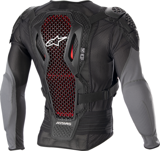 Alpinestars Bionic Plus v2 protective jacket in black, anthracite, and red, designed for motocross and motorcycle safety.