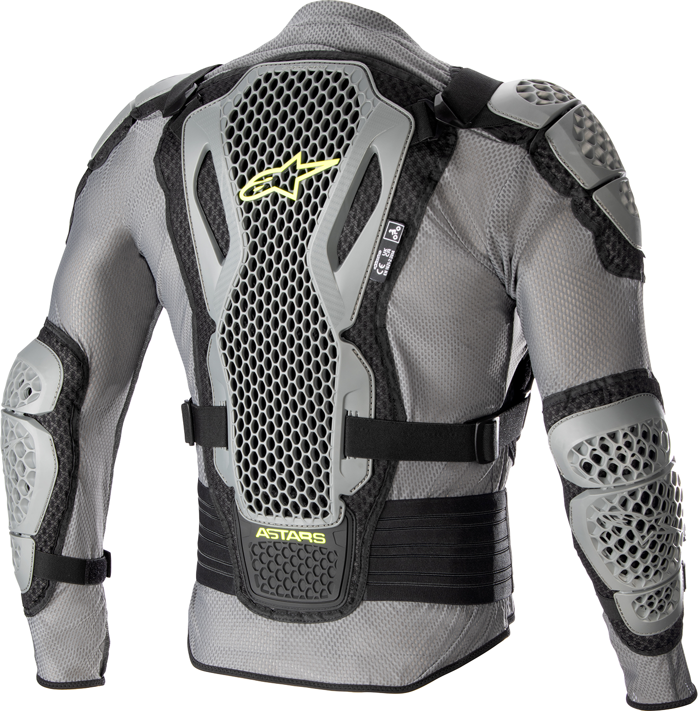 Alpinestars Bionic Action v2 Protection Jacket in gray, black, and yellow, small size, showing shoulder and chest protection.