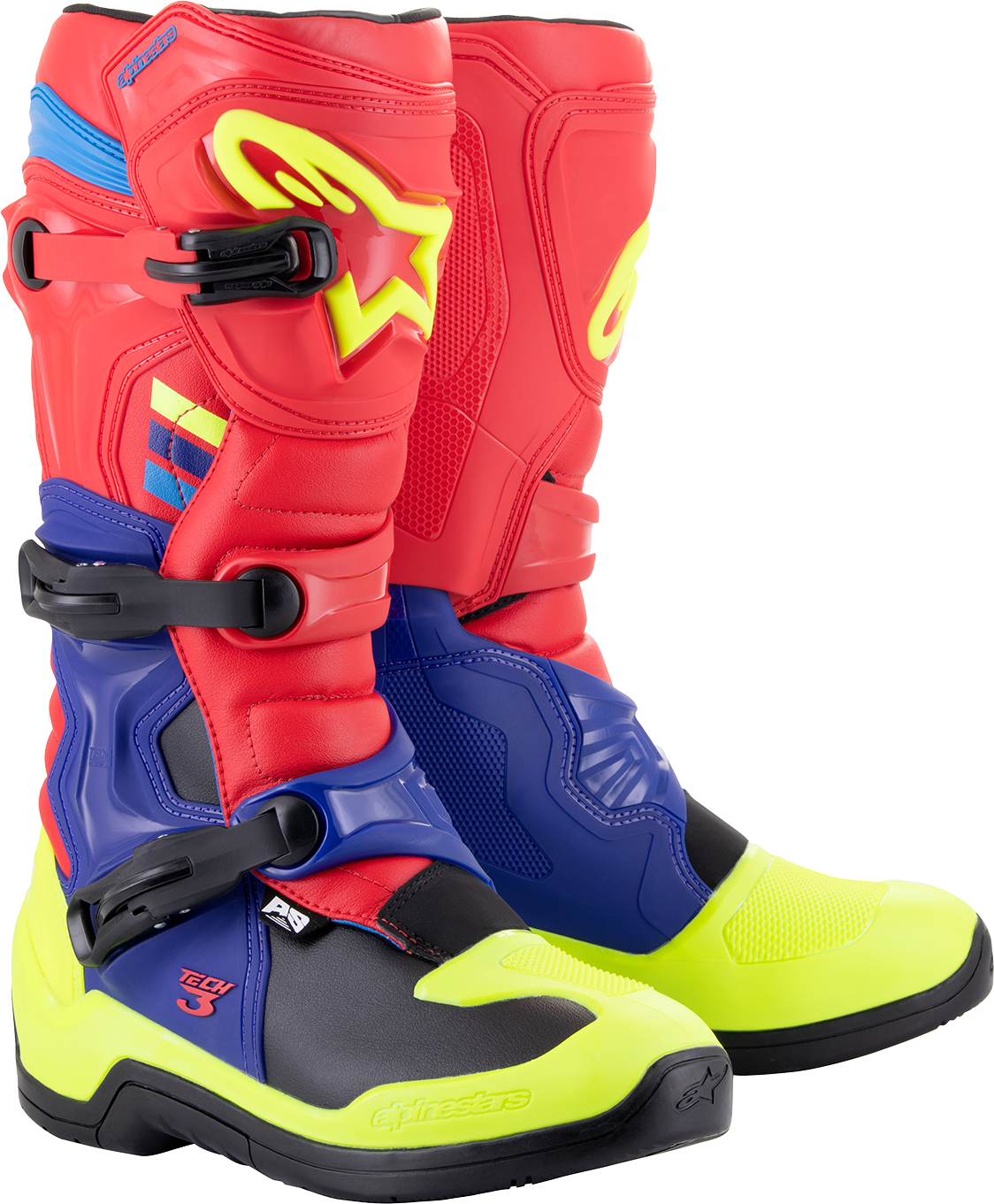 Alpinestars Tech 3 motocross boots in red, blue, and fluorescent yellow with US size 14, featuring protective design and sturdy construction.