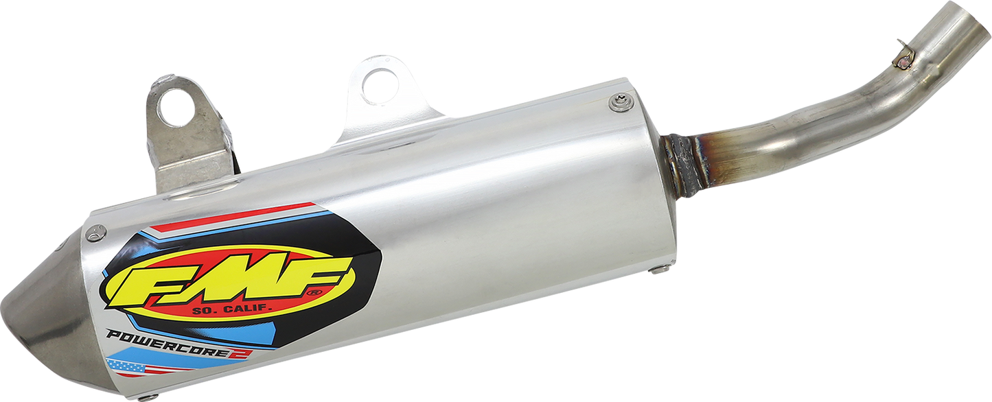FMF Powercore 2 muffler for 2-stroke engines, featuring stainless steel end cap and stinger for high-performance silencing.