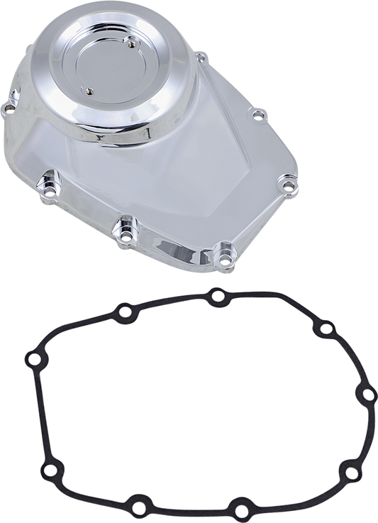 Chrome cam cover for M8 engines by Drag Specialties, featuring polished metal finish and detailed branding.