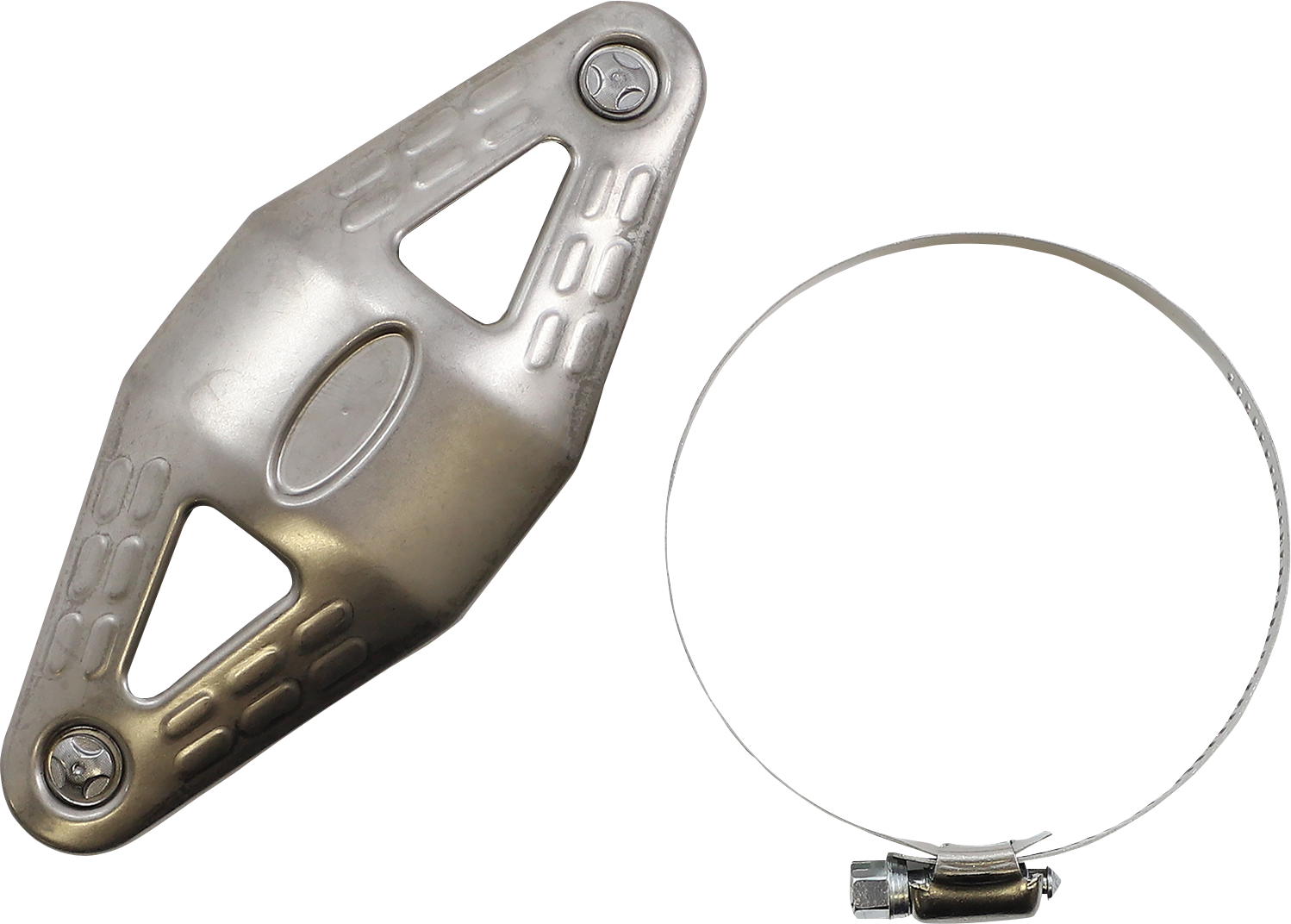 FMF Titanium heat shield for MegaBomb exhaust system, showing sleek metallic finish and mounting brackets.
