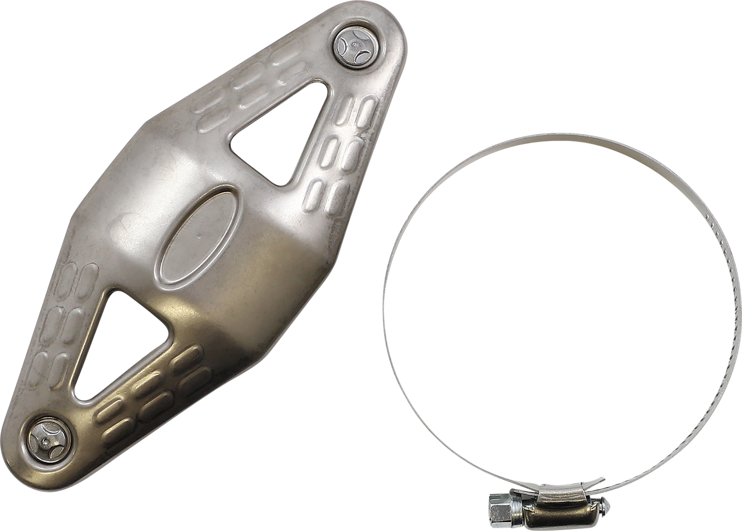 FMF Titanium heat shield for MegaBomb exhaust system, showcasing sleek metallic finish and mounting features.