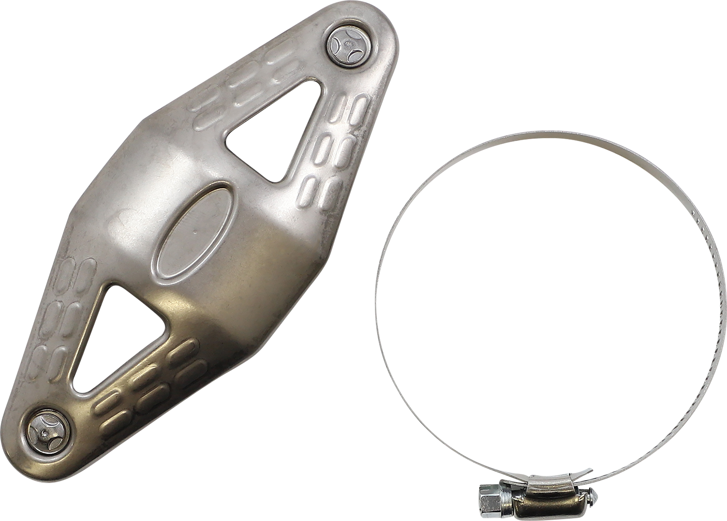 FMF Titanium heat shield for MegaBomb exhaust system, showcasing sleek metallic finish and mounting features.