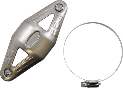 FMF Titanium heat shield for MegaBomb exhaust system, showcasing sleek metallic finish and mounting features.