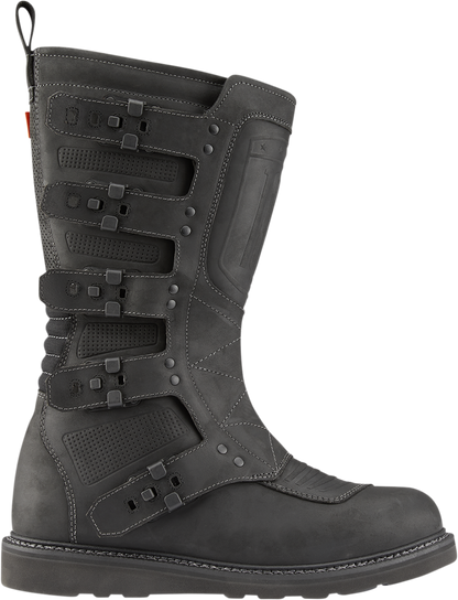 Black ICON Elsinore 2™ CE motorcycle boots in size 8, featuring durable construction and protective design.