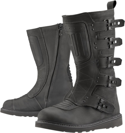 Black ICON Elsinore 2 CE motorcycle riding boots in size 13, featuring durable design and protective features for motorcycle riders.